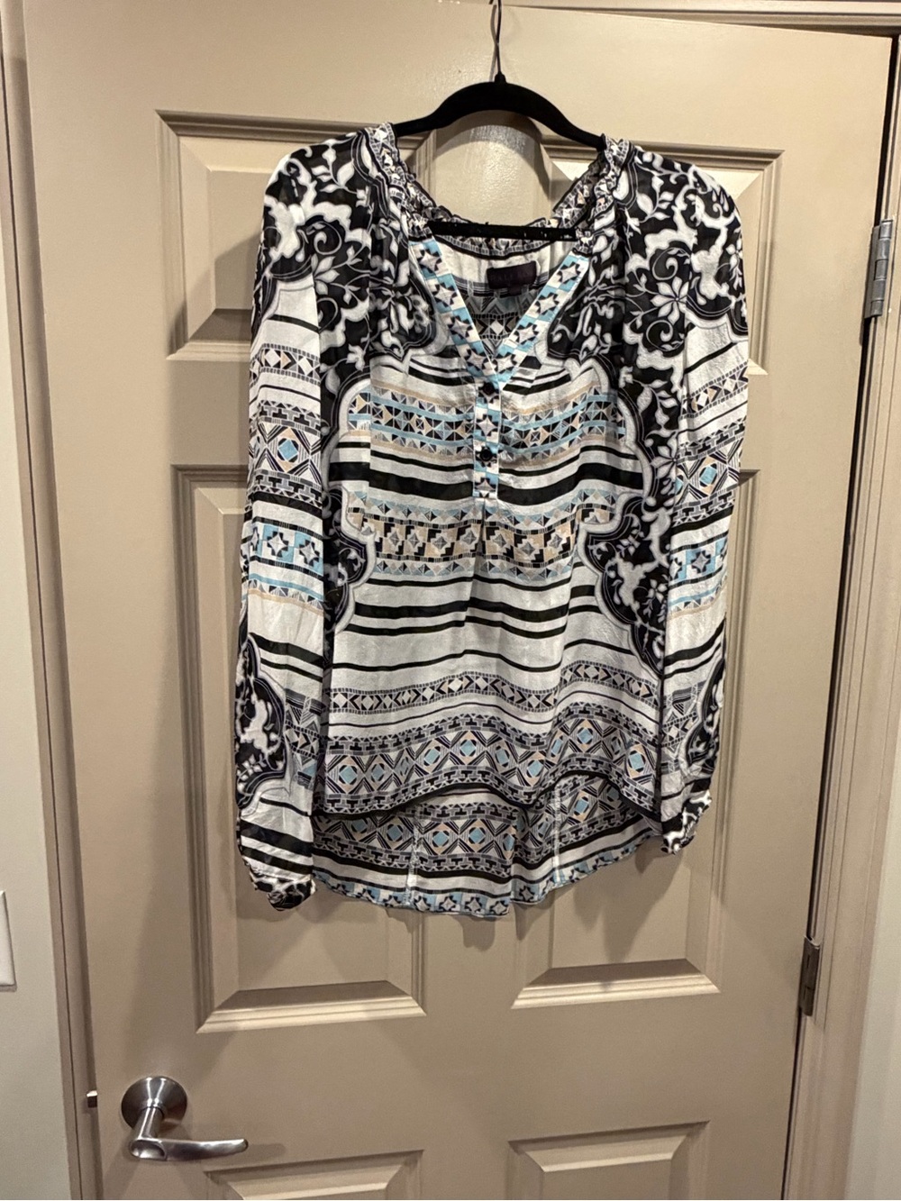 Hale Bob 💯 Silk Boho Print Long-Sleeve V-Neck Top in Black and White